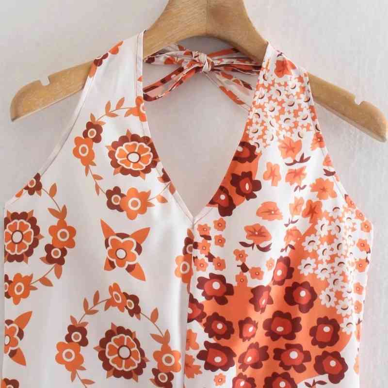 Summer Women Flower Printing Splicing Halter Mini Dress Female Sleeveless Clothes Casual Lady Loose Vestido D7713 210430Z