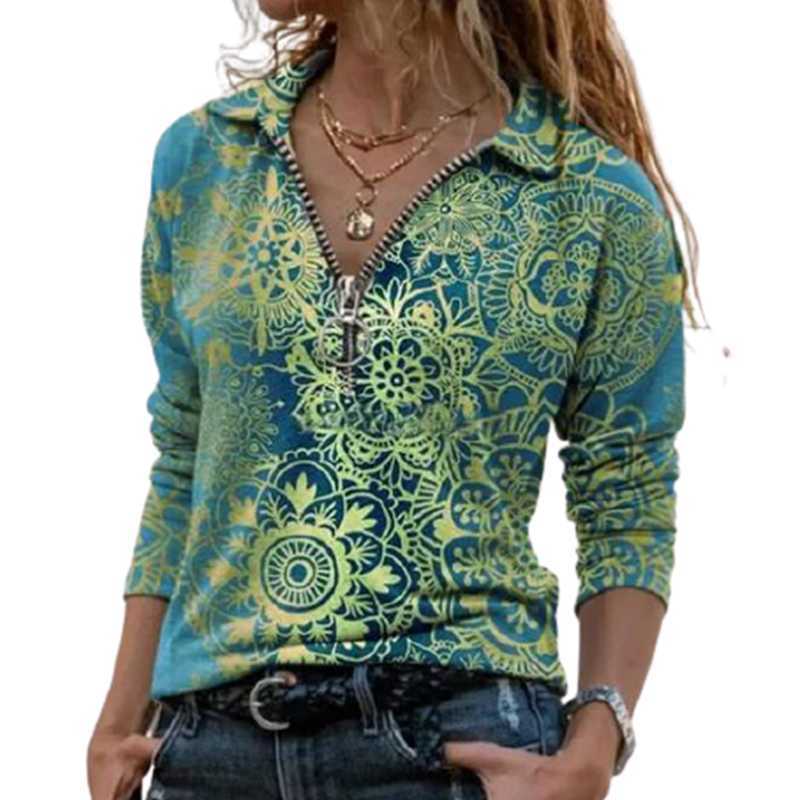 Women Polo T-shirt Retro Print Half Zip V-Neck Long Sleeve Oversize Tops And Tees Autumn Casual Slim Lady Street Green Blue Tees 210819