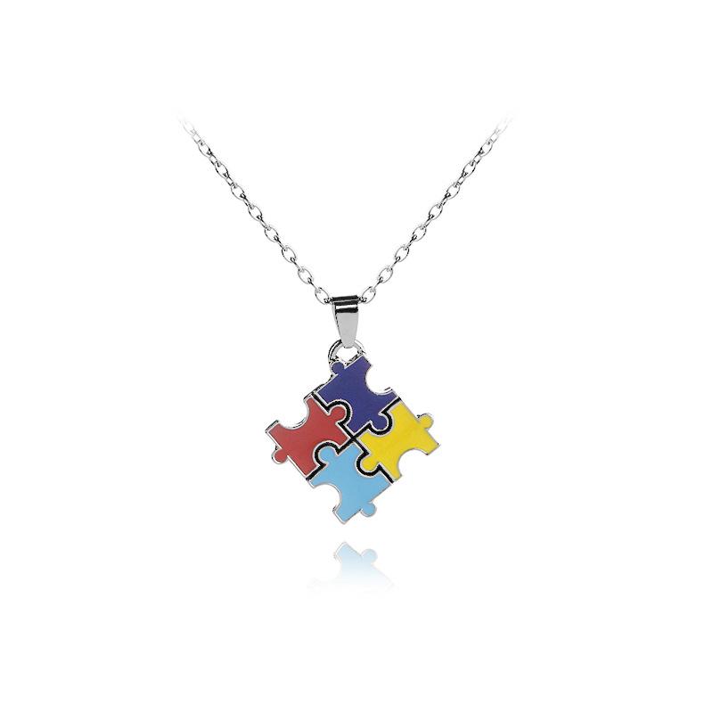 Pendentif Colliers Enamel Coloré Jigsaw Puzzle Collier Dessin animé Kawaii Cubic Amis Famille Cadeau Autisme Sensibilisation Bijoux