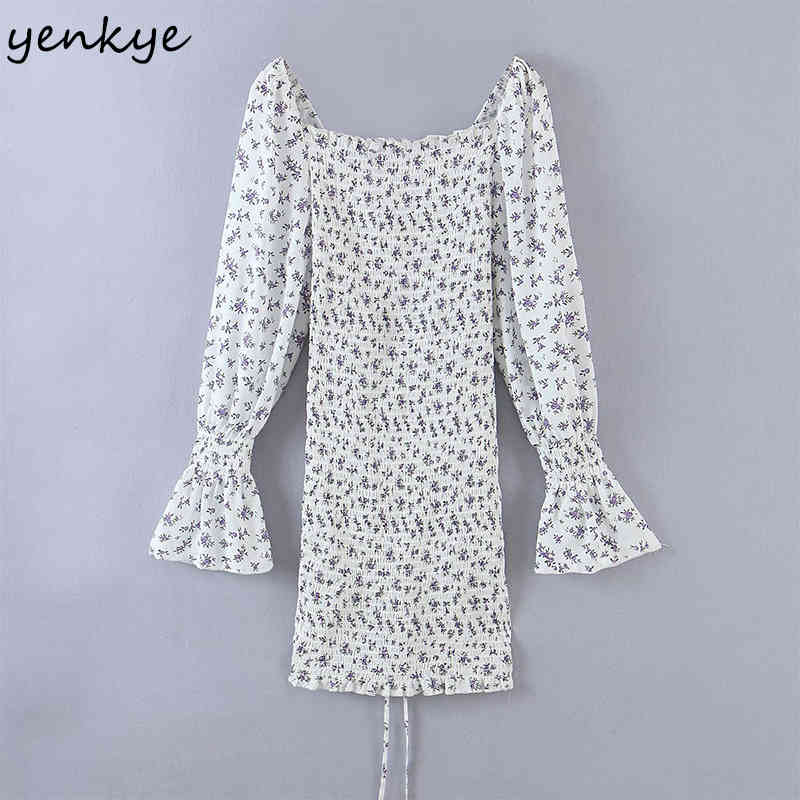 Sweet Floral Print Elastic Sexy Dress Women Long Sleeve V Neck Front Drawstring Bodycon Mini Summer Party Vestido 210430