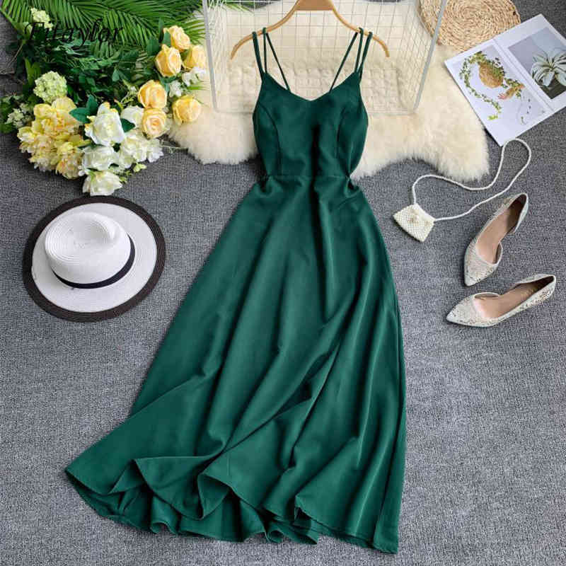 Summer Elegant Backless Dresses Spaghetti Strap Long Dress Women Vintage Beach Party Maxi Dress Green White Red Robe Vestidos 210521
