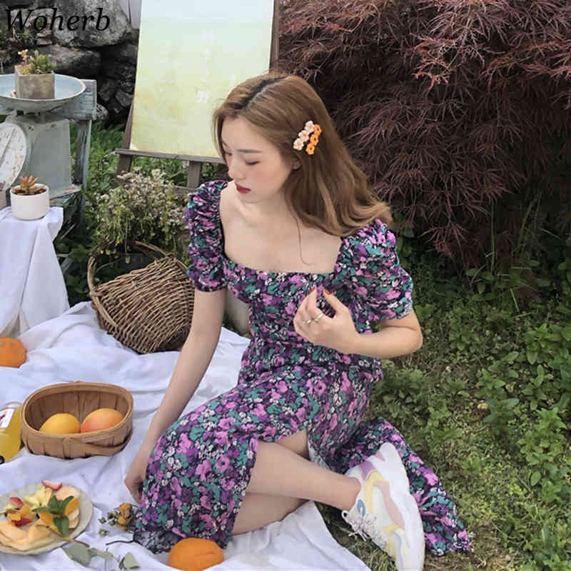 Elengant Floral Chic Printing Dress Women Square Collar Purple Dresses All Match Short Sleeves Korean Split Vestidos 210519