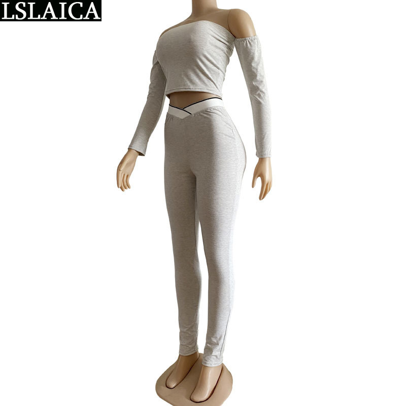 Outfits for Women 2 Piece Set Skinny Strapless Long Sleeve Crop Top Pencil Pants Sets Sportswear Solid Plus Size Gym Sweat Suits 210520