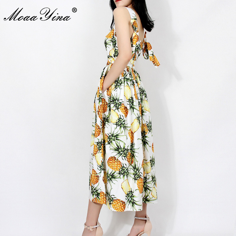 Bohemian Vacation Dress Women's Summer Fashion Spaghetti Strap Pineapple print Runway Elegant Party 210524