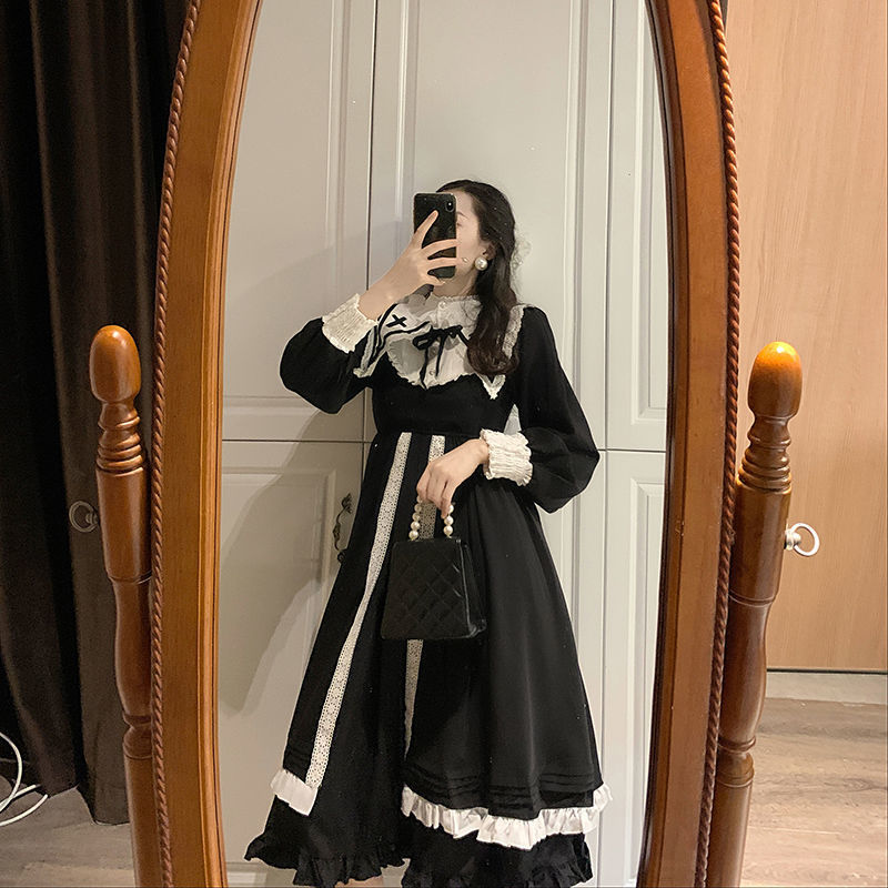 Black Vintage Dress Women French Elegant Gothic Lolita Dress Female Lace Long Sleeve Stand Evening Party Dress Korea Autumn 210521