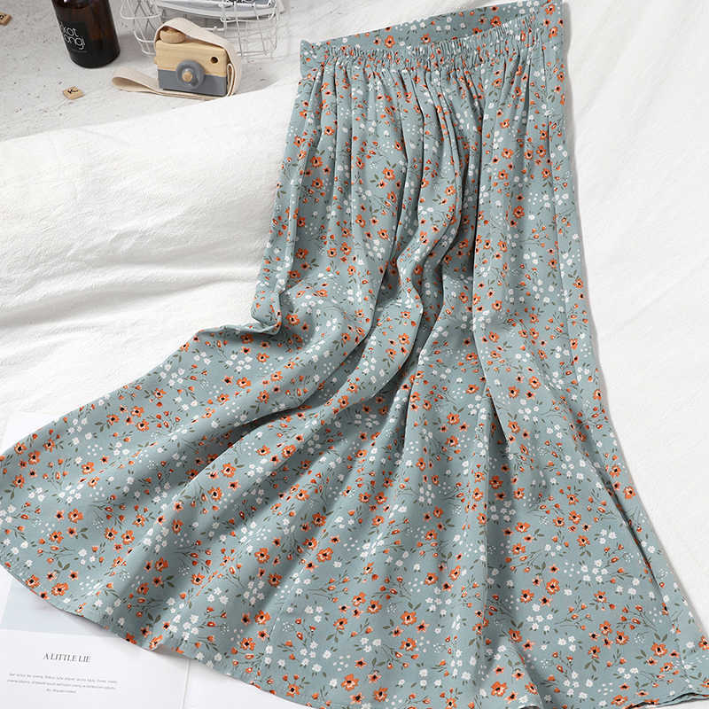 Fashion Summer chiffon beach Print skirt all-match high waist sweet floral for womens Korean midi long vintage 210621