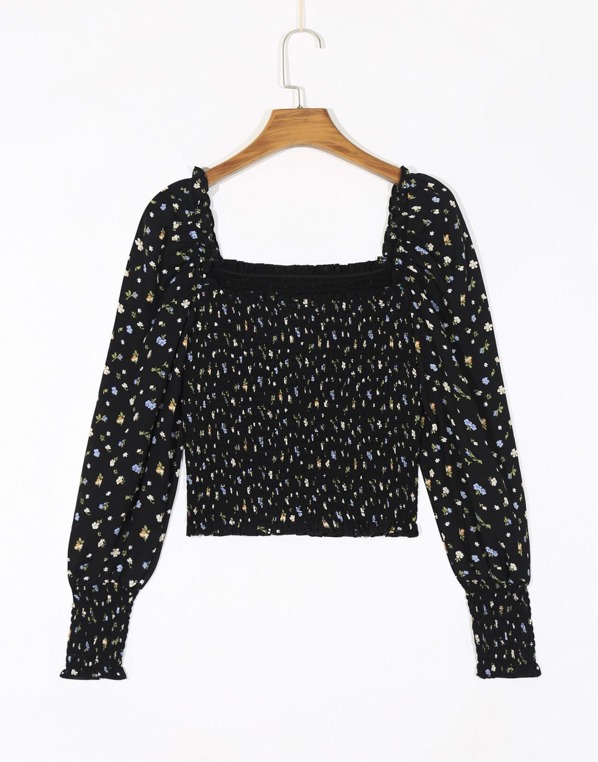 Vintage Floral Print Chiffon Crop Shirt Women Sexy Square Neck Elastic Ruched Body Slim Fit Blouse French Summer Elegant Tops 210429