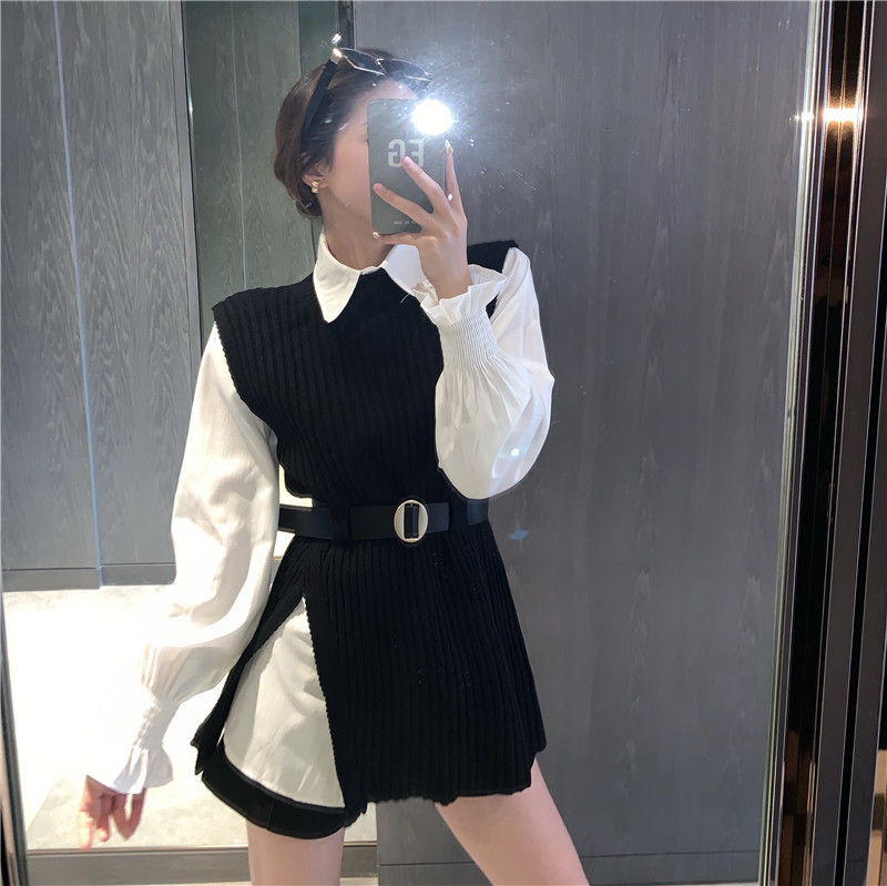 Spring Two-Piece Set Fashion Women Lantern Sleeve White Shirt Top + Casual Split knitted sweater Vest With Belted 210519