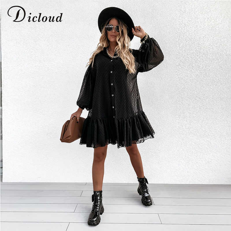 DICLOUD Elegant Black Dot Party Dresses Women Petticoat Long Sleeve Ruffle Ladies Mini Day Dress Female White Wedding Clothes 210611