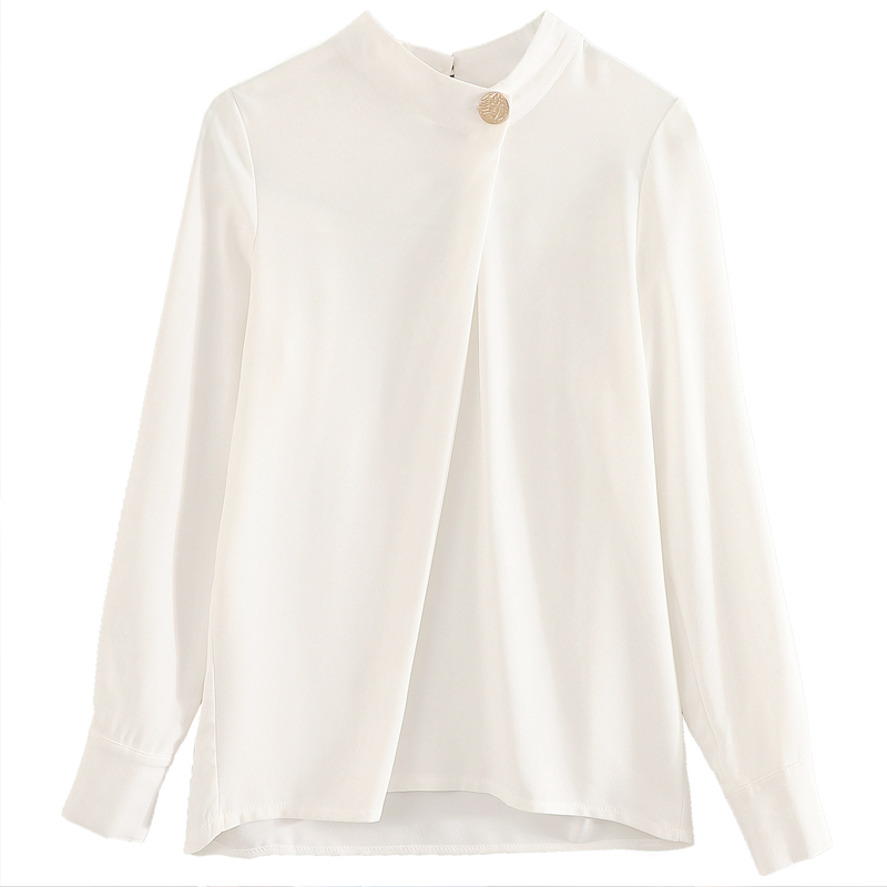 Spring Long Sleeve Stand Collar Elegant Chiffon Blouse White Women Solid Color Loose Slim Lady's Shirt 9041 50 210427