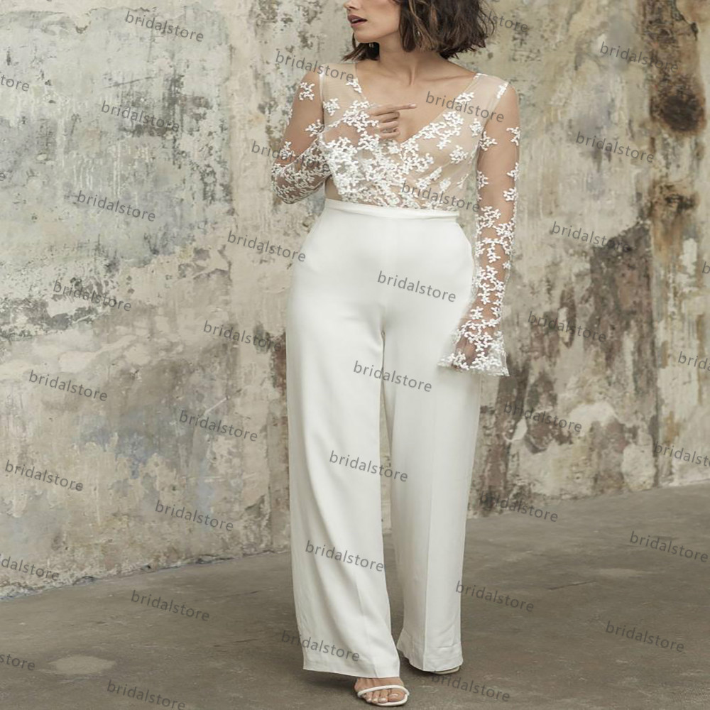 Illusion Lace Back Beach Wedding Dress Jumpsuit Sexy V Neck Long Sleeve Boho Bride Dresses 2021 Chic Satin Trouses Bridal Gown robes de mariage