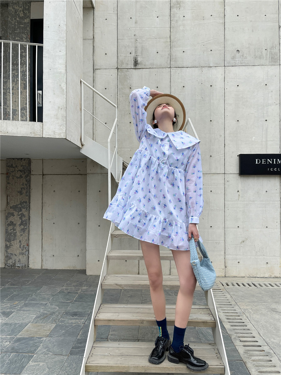 Spring Long Sleeve Cute Korean Dress Women White Floral Print Ruffle Lantern A Line Kawaii Clothes 210427