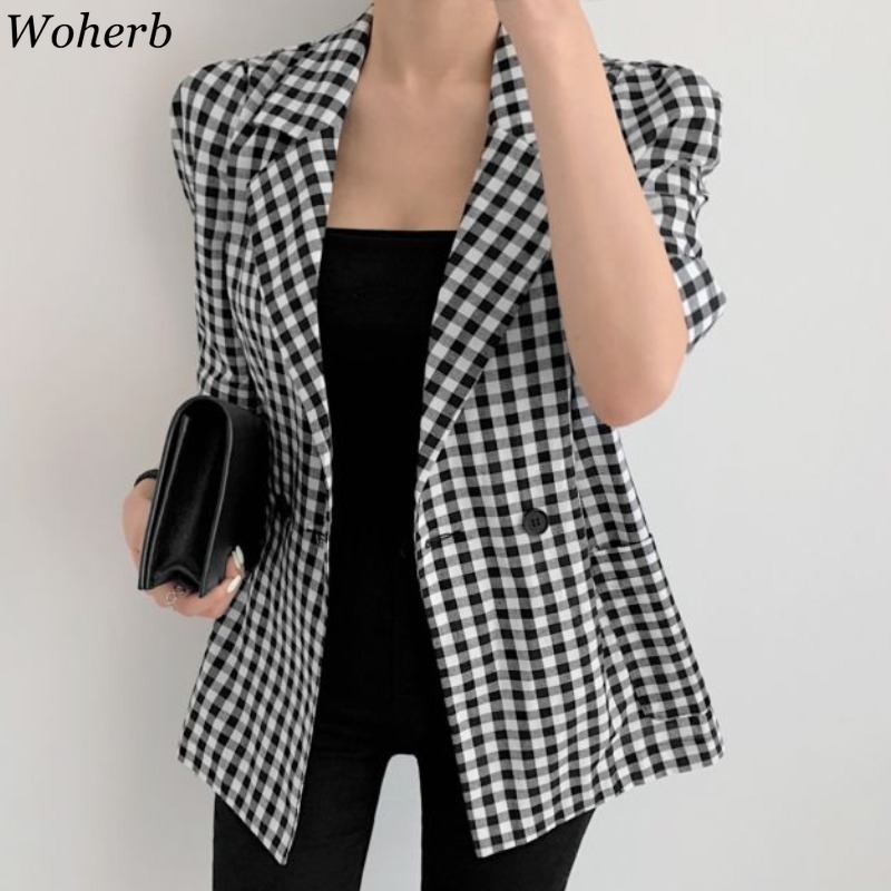 Vintage Plaid Suit Blazer Women Korean Casual Elegant Loose Jacket Fashion Wild Double Breasted Temperament Coat Tops 210519