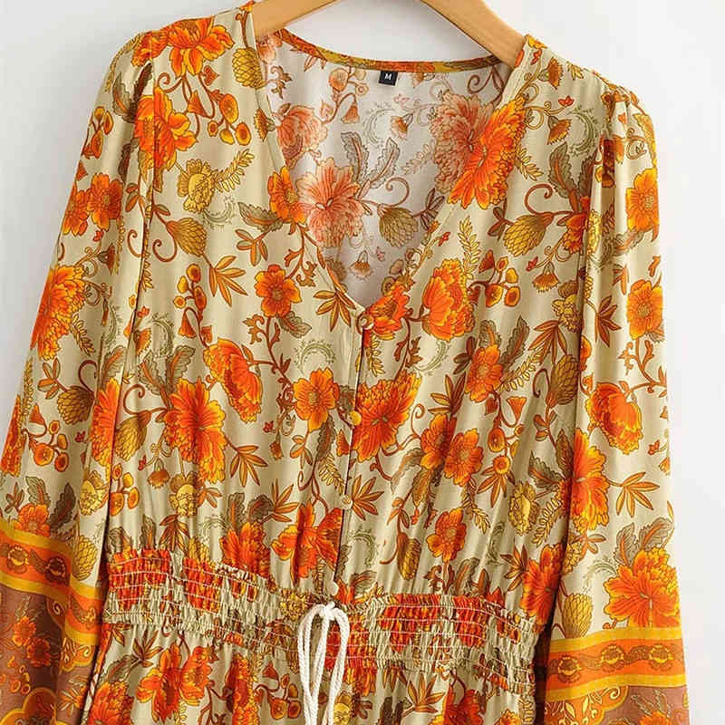 Casual Woman Yellow V Neck National Style Print Long Dress Spring Fashion Ladies Puff Sleeve es Female Chic 210515