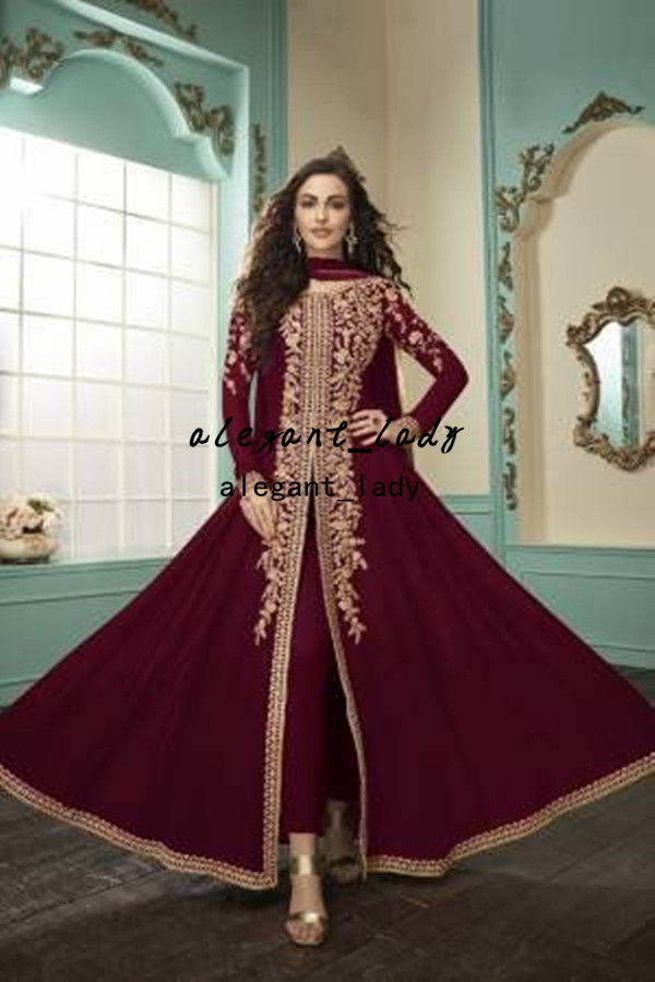 Burgundy Slit Style Embroidered bridal Anarkali Suit indian wear festival gold lace applique long sleeve wedding dress jumpsuit