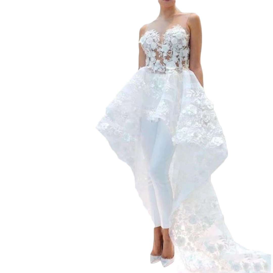 Fashion A Line Wedding Dress Jumpsuits 3D Flower Appliques Bride Dresses Modern Zipper Back Bridal Gowns robes de mariée