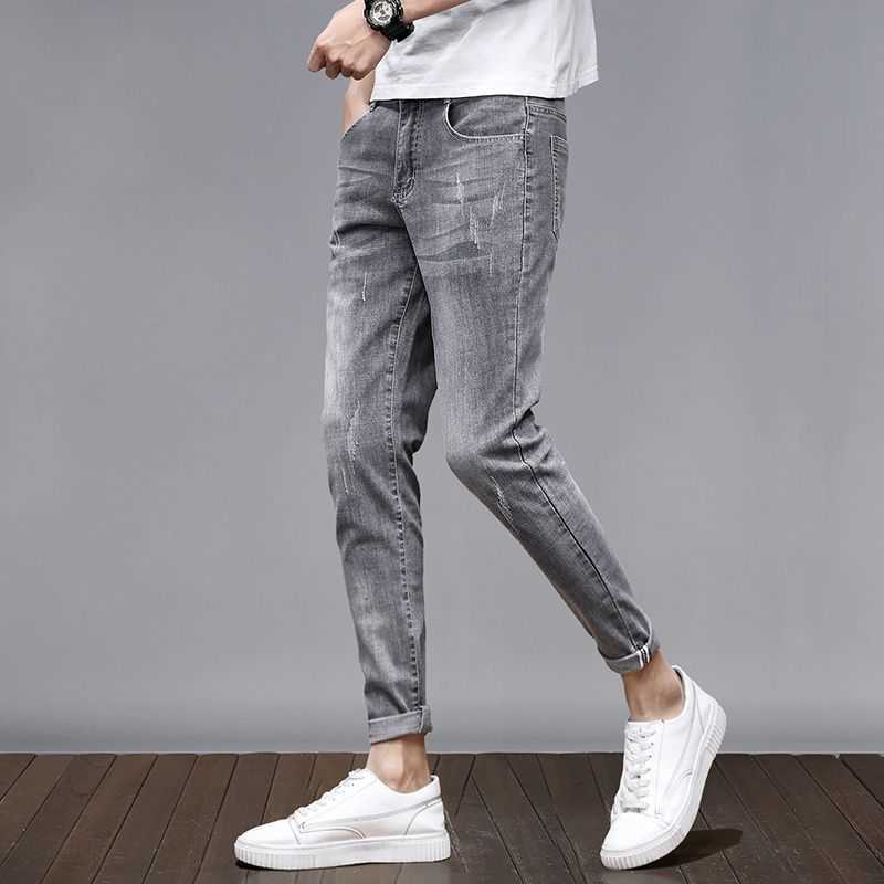 Mens Jeans Summer Slim Zipper Button Stretch Scratched Casual Cropped Trousers Softener Cotton Denim Pencil Pants X0621