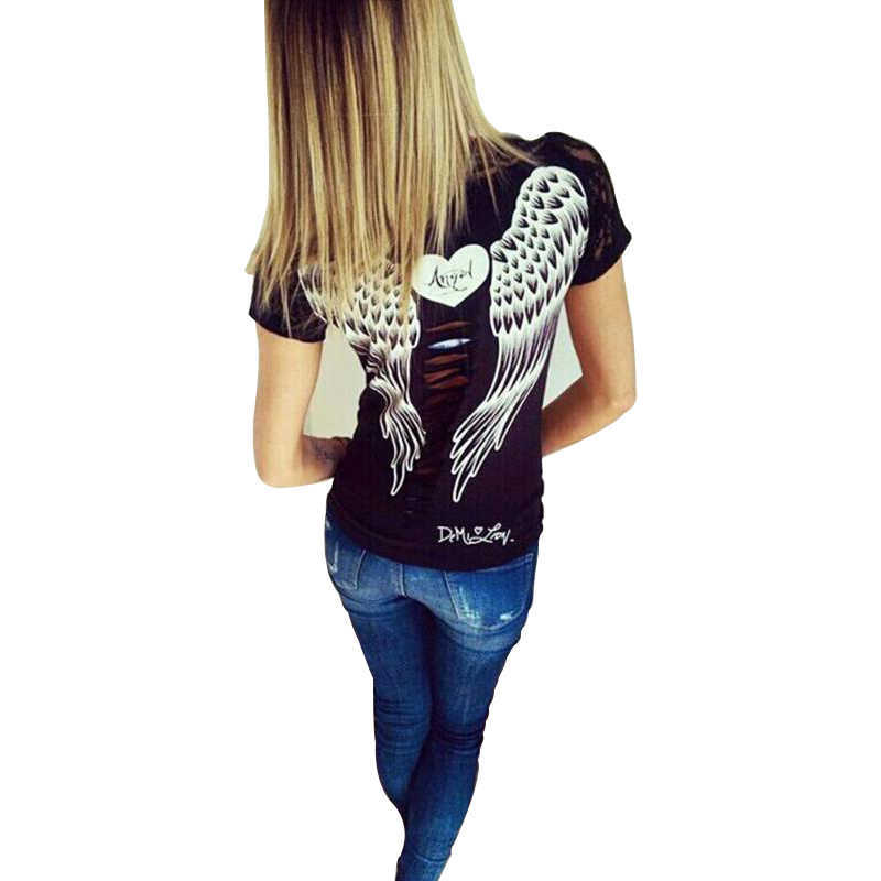 T Shirt White Woman Cotton Women Summer Fashion Print T-shirt Vest Angel Wings Top Casual Women's Lace Short Sleeved T-shirt X0628