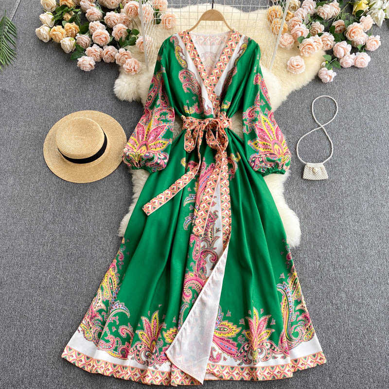 DEAT Women Printing Belt Dress V- Neck Long Puff Sleeve Arrivals Lady Temperament Fashion Spring Summer 11D554 210709