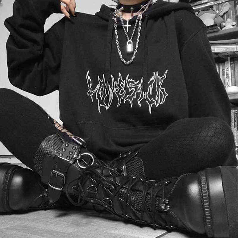 Punk Goth Letter Print Hip-Hop Hooded Sweatshirt Vintage Kpop Loose Casual Women Moletom Harajuku Streetwear Pullover Sweatshirt 211109