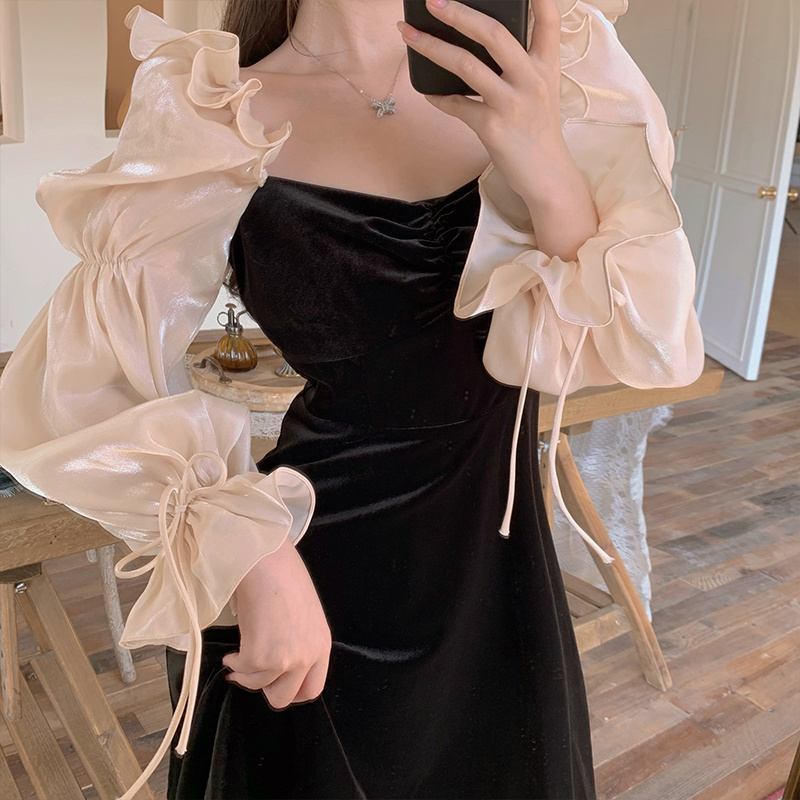 French Style Elegant Velvet Women Dress Spring Ruffles Hit Color Patchwork Vestidos Slim Waist A-line Dresses 210422