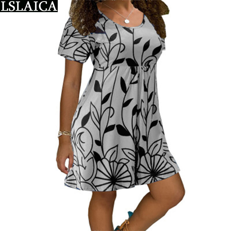 Plus Size S-5XL Summer Casual Dress Round Neck Street Hipster Print High Waist Mini A-Line Loose Roupas Femininas 210515