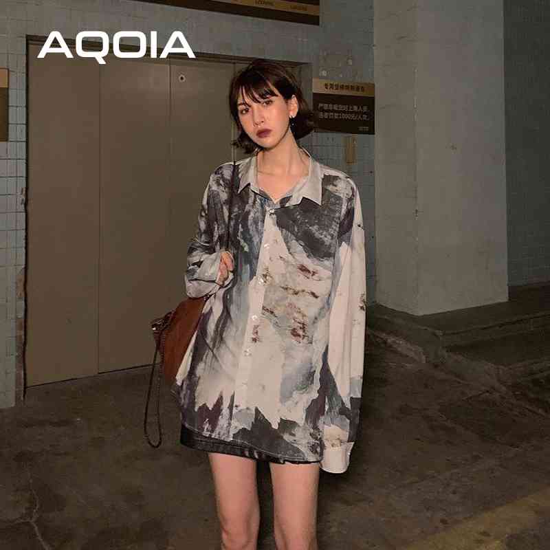 Chic Casual Abstract ink printing Long Sleeve Women Blouse Tunic Shirt Turn-Down Collar Loose Spring Oversize Ladies Tops 210521