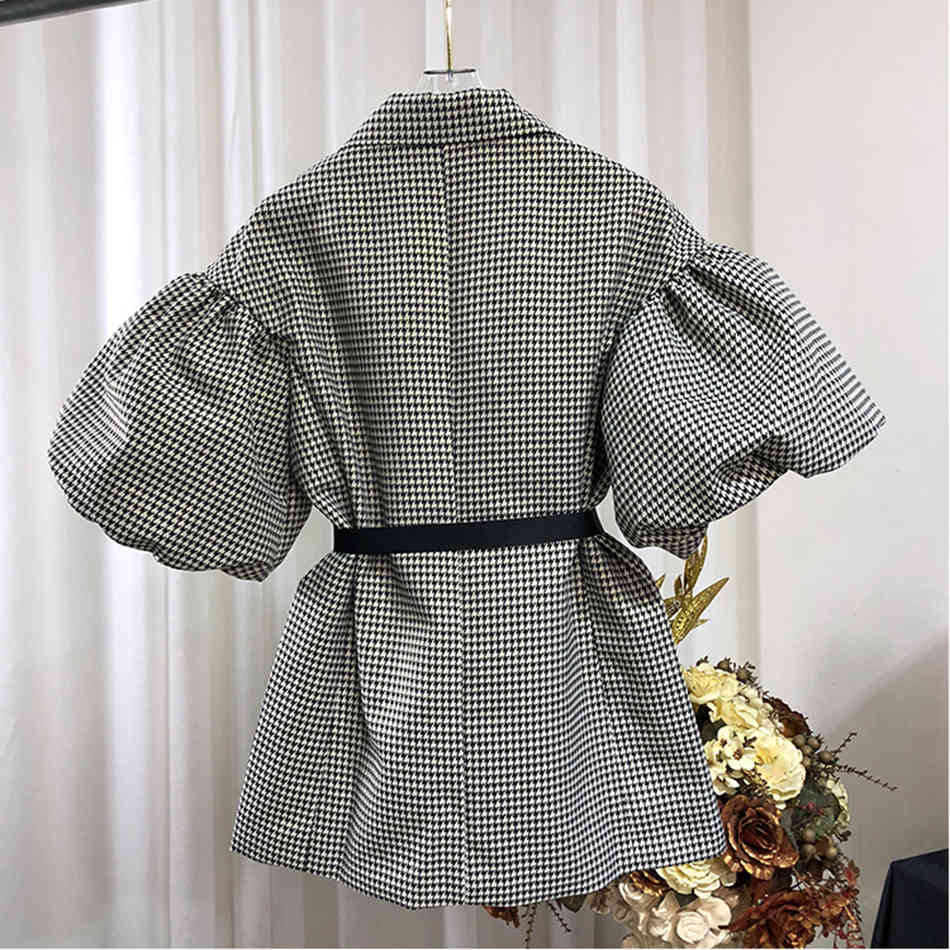 Free High Quality Women Houndstooth Blazer Dress Elegant Lapel Puff Sleeve Single Breasted Lace Up Vestidos 210524