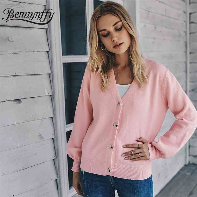 Solid V-Neck Long Sleeve Cardigan Women Autumn Winter Casual Knitted Sweater Outwear Female Knitwear Coat 210510
