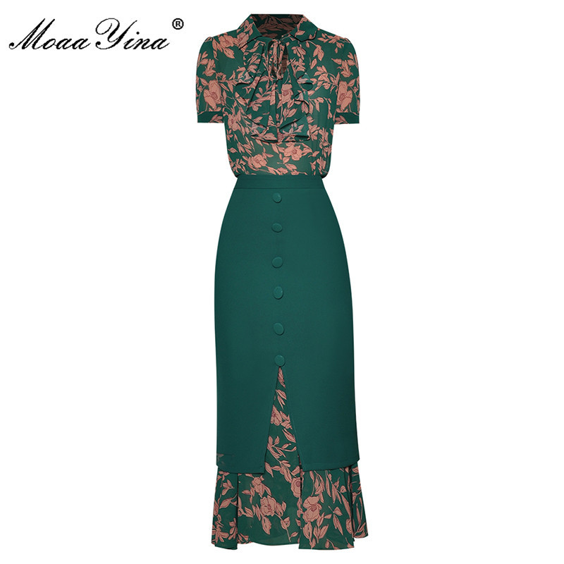 Summer Fashion Floral Skirts Sets Women's Short sleeve Printed Blouse and Splice Slim Mermaid Skirt 2-piece Suit 210524