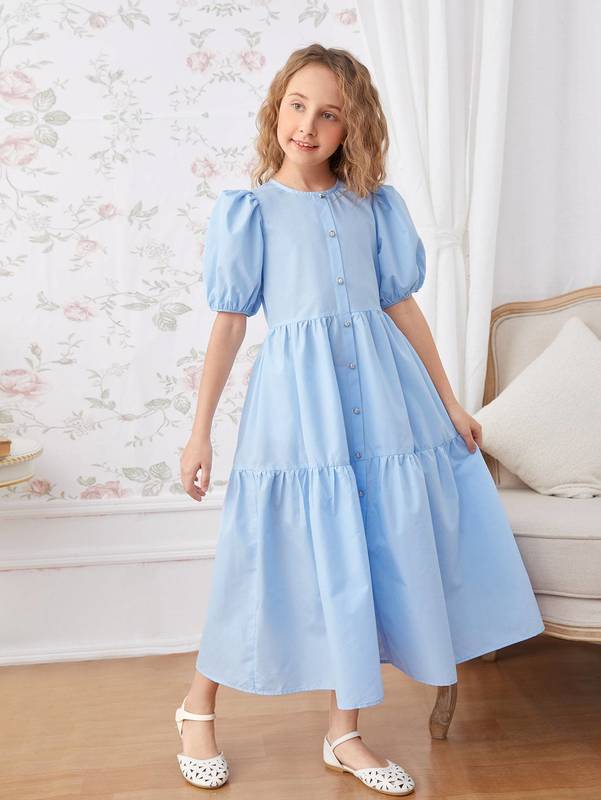 Girls Button Front Ruffle Hem Dress SHE