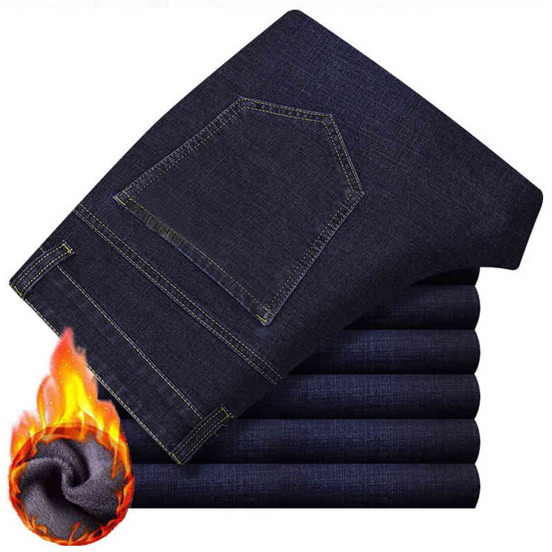 Men Winter Jeans Straight Thick Warm Long Big Tall Clothing Denim Pants Male Cowboy Trousers Black Men Jeans Fleece 210518