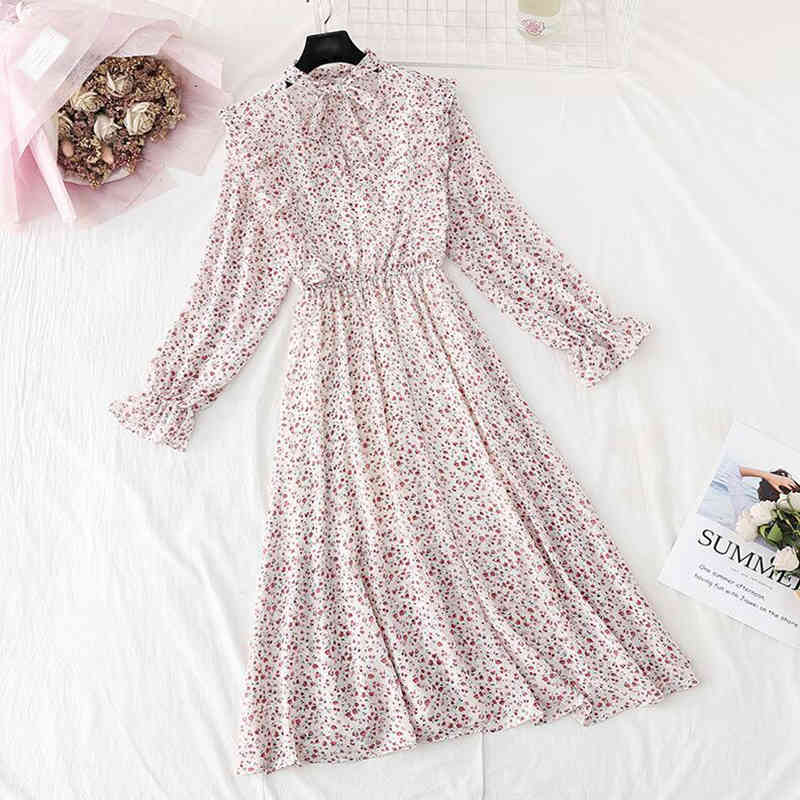 Floral Printing Women Chiffon Dress Spring Vintage V-neck Bow Ruffles Party Vestidos Female Casual Women Midi Dress 210521