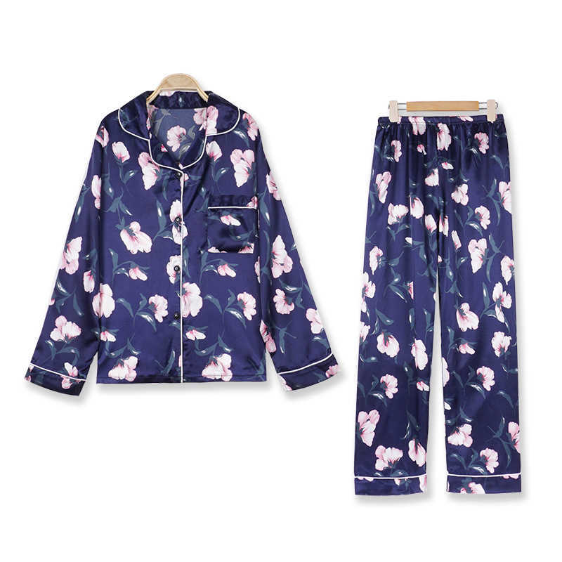Spring Pajamas Suit Women Satin Home Wear Print Flower Sleep Set With Pocket Intimate Lingerie Navy Blue Pyjamas Q0706