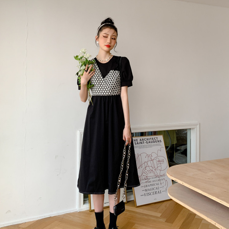 Women Dress O-Neck Puff Sleeve Mid-calf Plaid Temperament Loose Fit Fashion Summer 2H276 210526