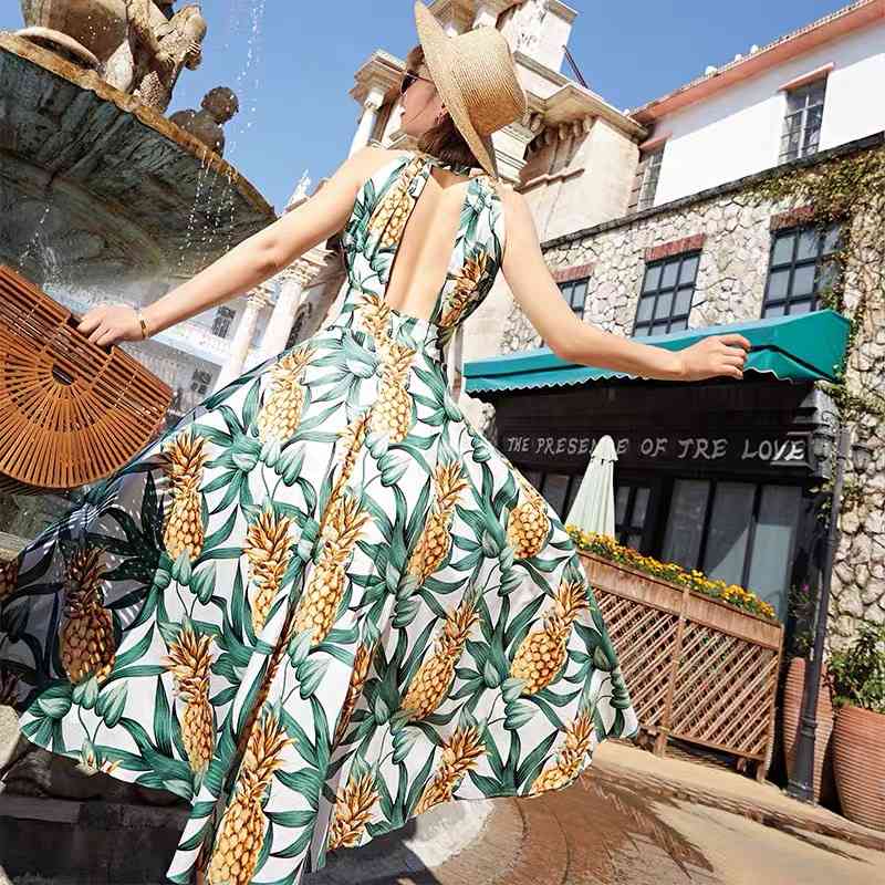 Female Sundress Women Summer Dress Sexy Backless Pineapple printed Vintage Vestidos Floral Boho Plus Size Dresses 210421