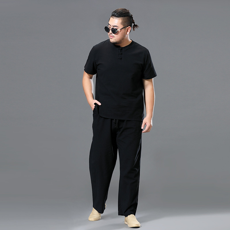 Men's Large Size Clothing Big Tracksuit Suit Linen Overweight T-shirt Casual Male Elastic Waist Band 7XL 8XL 9XL Big Two Pcs Set 210518