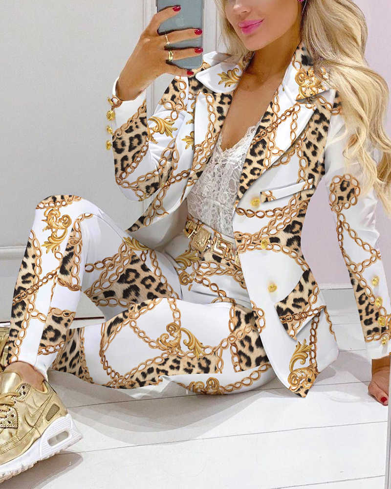 Autumn Women 2 Pieces Chain Print Blazer Coat & Pants Suit Sets Femme Formal Jacket & Trousers Office Lady Outfits 211007
