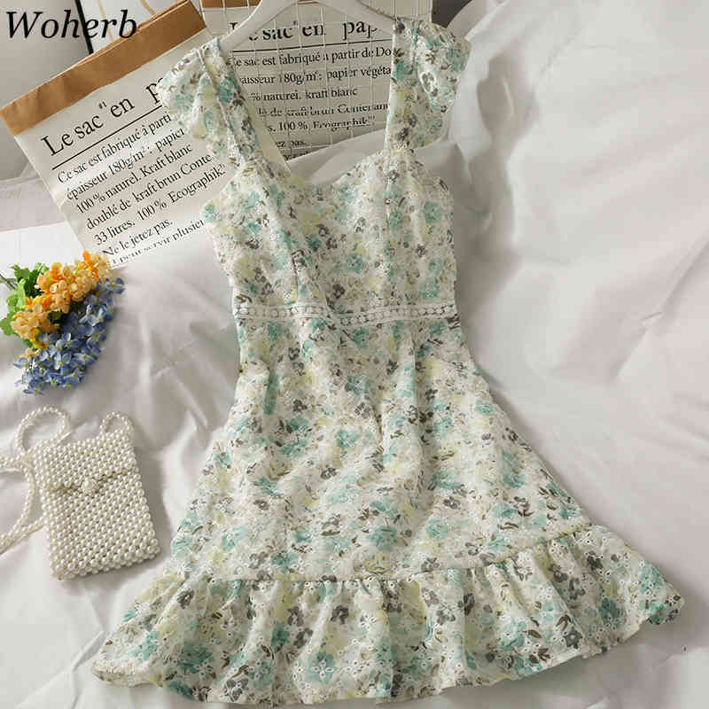 Mini Dress Women Korean Summer Robe Hollow Out Crochet Ruffle Vestidos High Waist Backless Sweet Fashion Dresses 210519