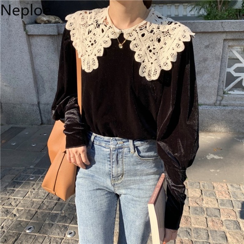 Neploe Blusas Mujer De Moda Korean Vintage Lantern Sleeve Shirts Tops Peter Pan Collar Detachable Velvet Blouses Women 210422
