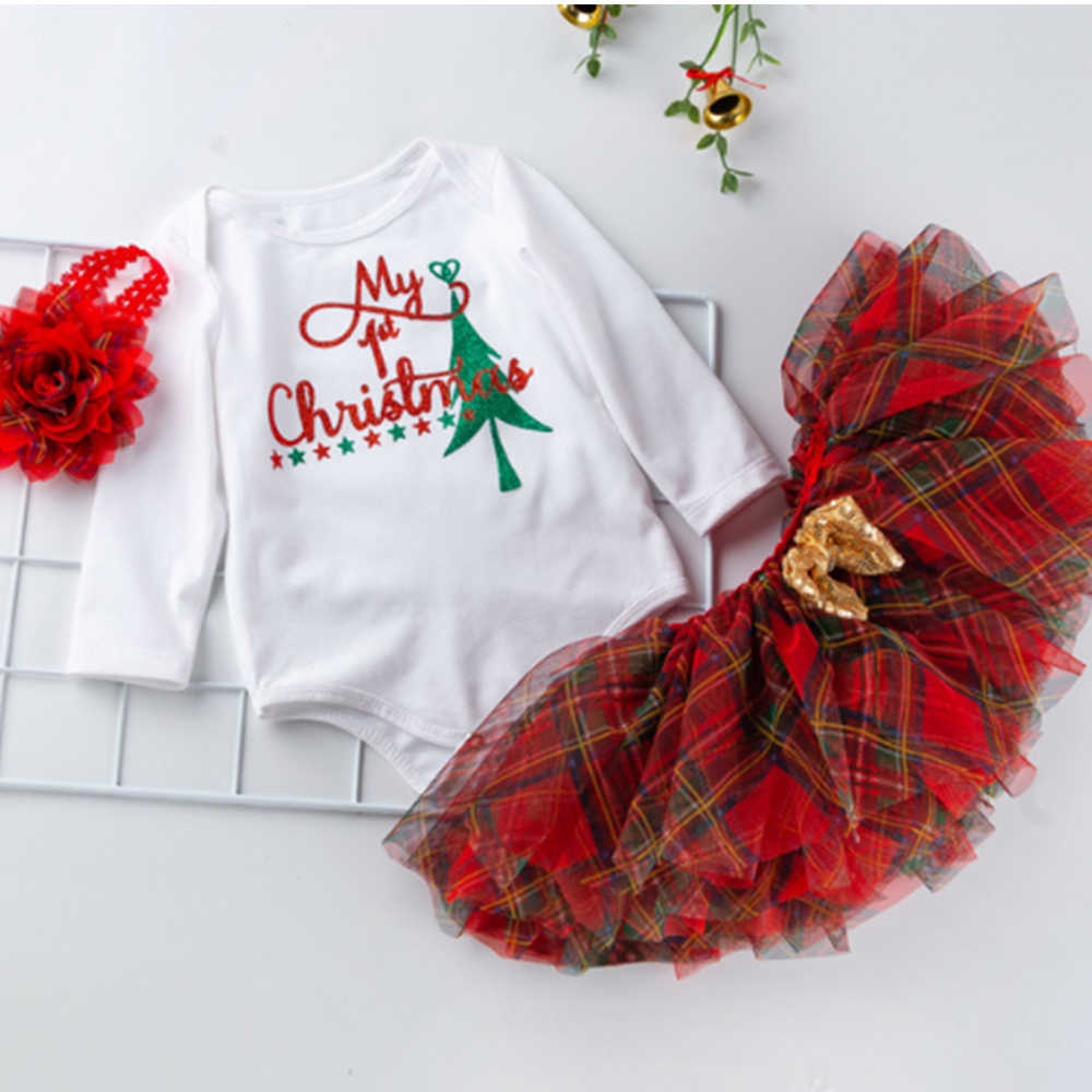 Mudkingdom Christmas born Baby Girls Clothes Sets Cartoon Print Tops Lace Tutu Skirt Headband Outfits 210615
