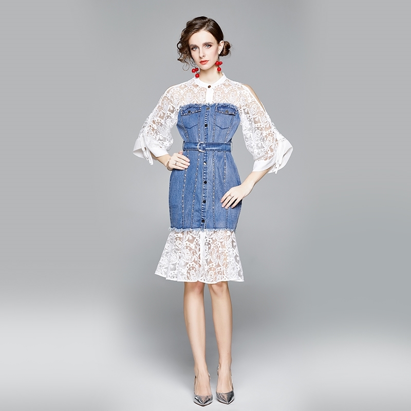 High-End Sexy Strapless Denim Dresses Women Fashion Flare Sleeve Patchwork Single-Breasted Beading Vestido Da Festa 210520