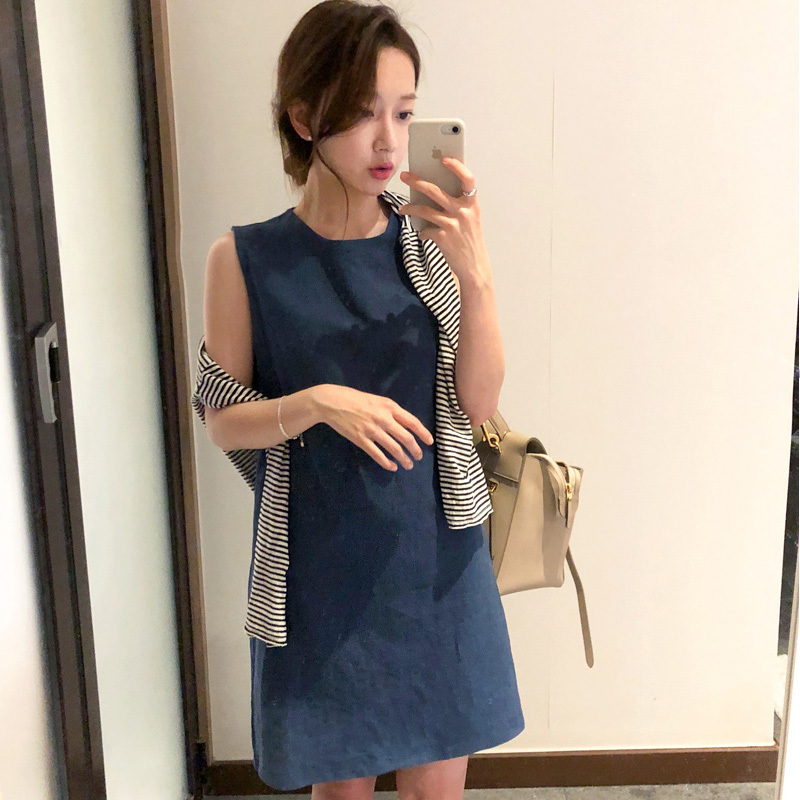 Korean Style Ins Cotton Linen solid Basic Vest Dress Simple Casual Loose O-collar Sleeveless Female Robe Femme 10089 210506