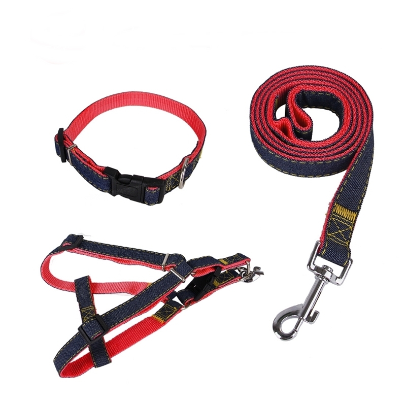 Dog Jeans Leash Harness Set Soft Nylon Denim Collar Adjustable For Cats Dogs Adjustable Leads Traction Rope For Walking Training