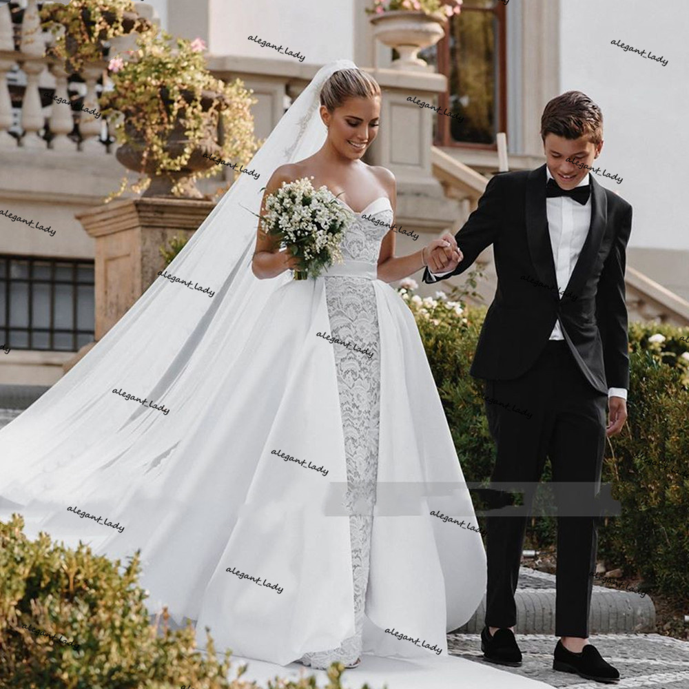 Sweetheart Mermaid Wedding Dresses with Detachable Train 2021 Lace Stain Sexy Slit Country Beach Outdoor Bride Dress robes de mariage
