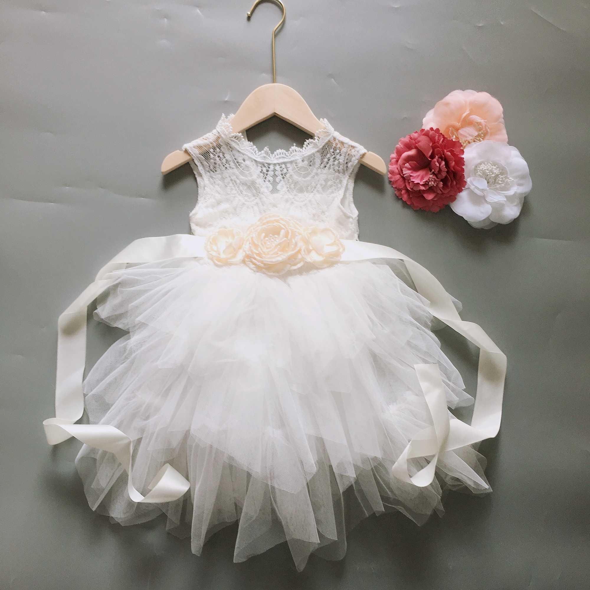 Little Girl Vintage Dress for Kids Lace Flower with Sashes Elegant Girls 3 Layers Tutu Party Gown Clothing 210529