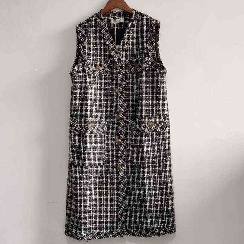 LANMREM v-neck black single-breasted elegant Tweed vest autumn plaid pattern Korean style all-match waistcoat for Women 2A986 211120