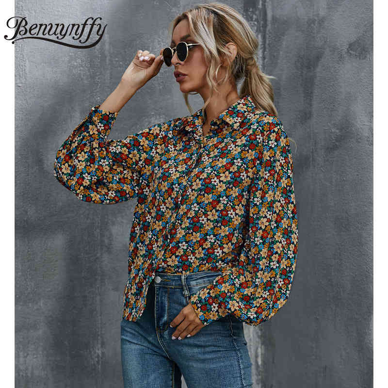 Turn-down Collar Bishop Sleeve Floral Shirt Top Women Spring Button Up Long Office Lady Casual Print Shirts 210510