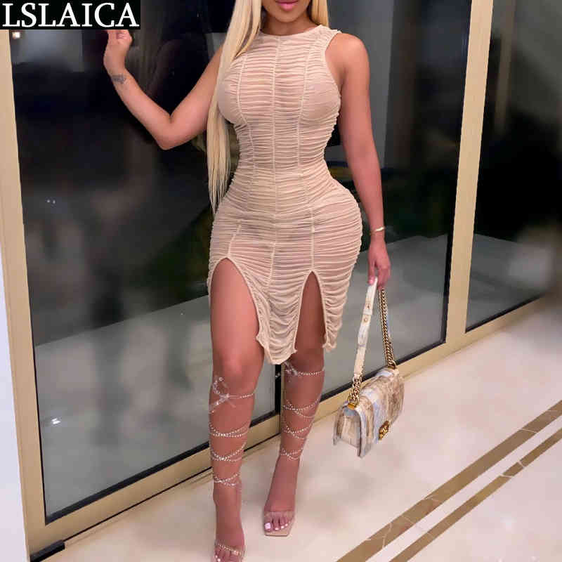 Sexy Dress Solid See Through Draped Hem Split Bodycon Female High Waist Sleeveless O Neck Streetwear es For Women 210515