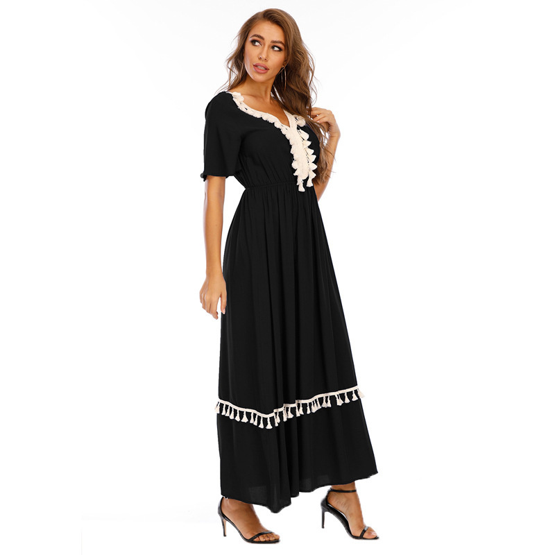 Women Dress V Neck Short Sleeve Maxi es High Waist Tassel Bohemian Plus Size Loose Long Summer es 210524